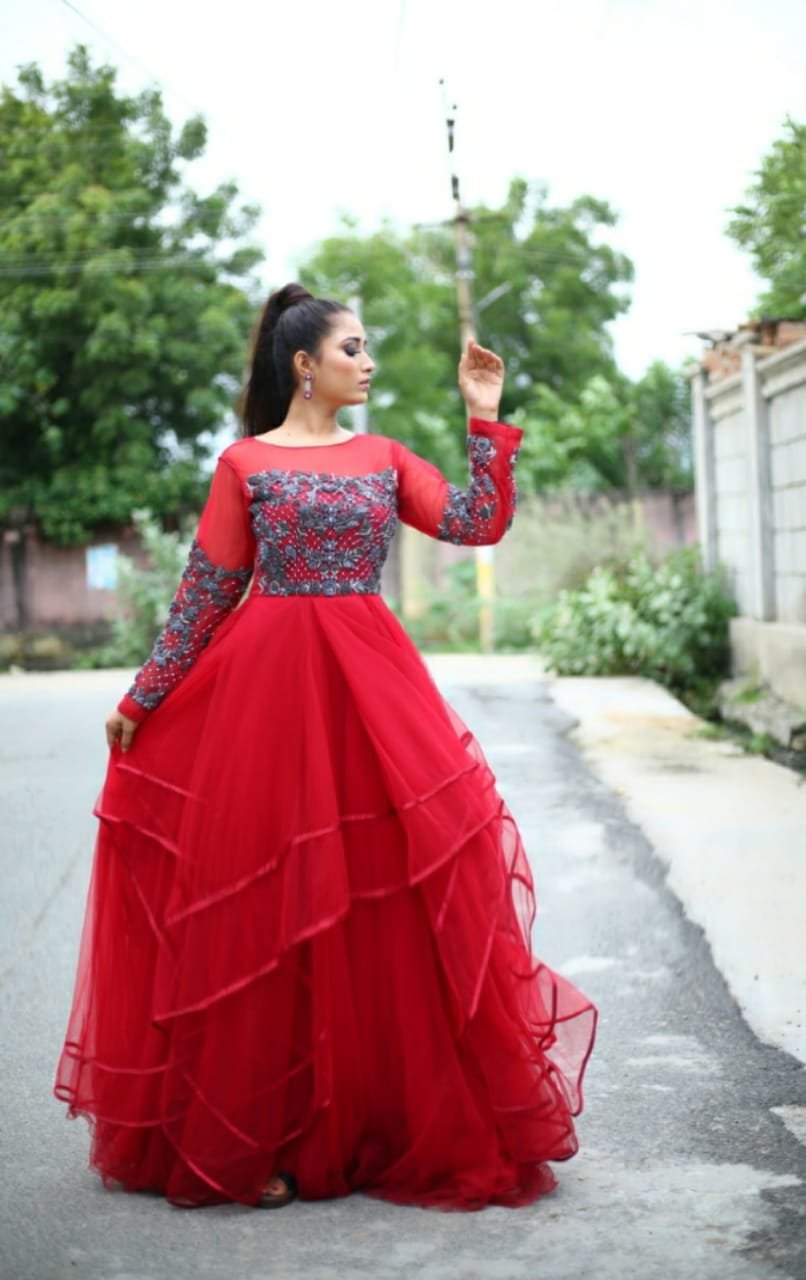 Red Color Full Long Western Gown for Party Wear For Women