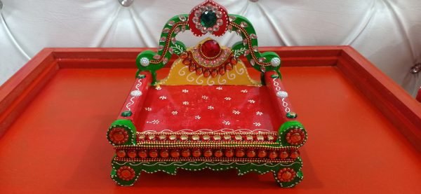 Zupppy Art & Craft Spiritual House Laddu Gopal Singhasan with Meenakari Work | Wooden Handcrafted Krishna Laddu Gopal Small Sinhasan for Pooja Mandir | Multicolor
