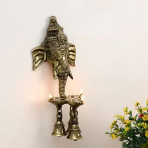 Zupppy Diyas & Candles Brass Ganesha Wall Hanging with Small Bells and Oil Lamp – Antique Finish