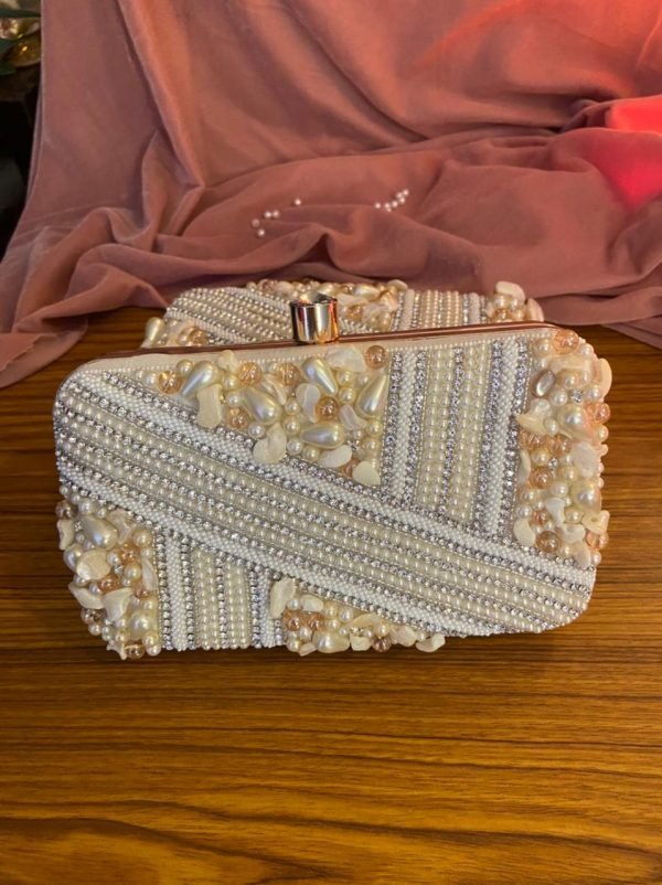 Zupppy Accessories White Beads Clutch with Sling Chain | Elegant Ladies Purse for All Occasions