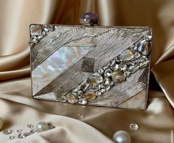 Zupppy Accessories Brass Clutch with MOP Inlay – Luxury Mother of Pearl and Agate Inlay Brass Clutch Purse
