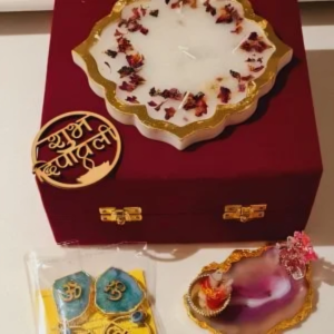 Zupppy Customized Gifts Luxurious Diwali Velvet Box Hamper with Ganesha Agate Platter and Marble Candle