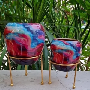 Zupppy Home Decor Decorative Printed Metal Planter Set with Tripod Stand | Multicolored Resin Design | Rust-Free Metallic Pot for Indoor and Outdoor Use