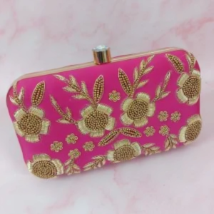 Zupppy Accessories Pink Embroidered Velvet Clutch Bag with Golden Work – Luxurious Bridal & Party Accessory