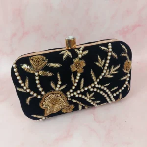 Zupppy Accessories Black Embroidered Clutch Bag With Golden Sequin and Thread Work – Bridal & Party Accessory