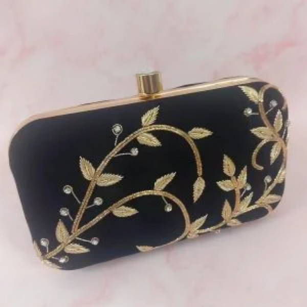 Zupppy Accessories Black Embroidered Clutch Bag With Golden Work – Exquisite Bridal & Party Accessory