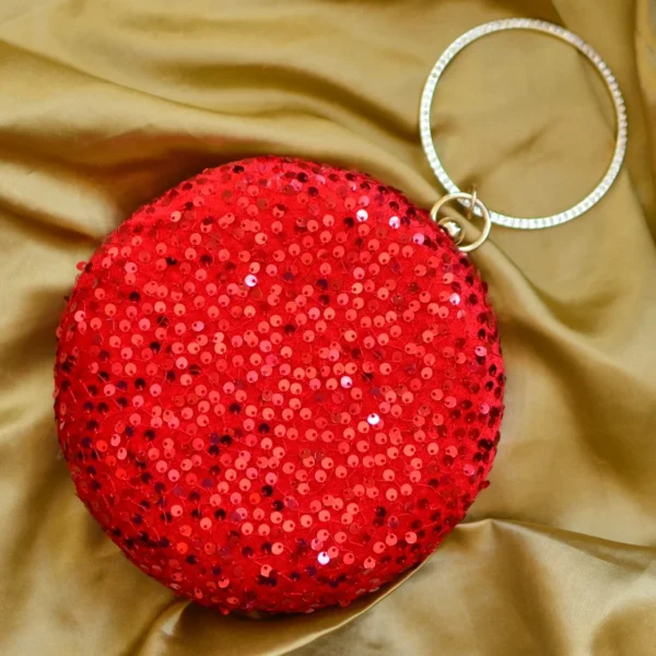 Zupppy Accessories Elegant Red Sequin Embroidered Round Clutch with Designer Clasp & Sling Chain