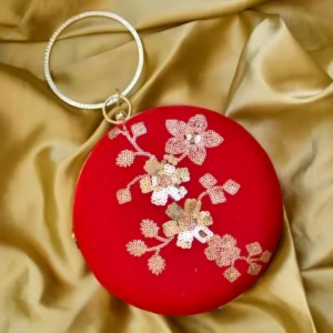 Zupppy Accessories Elegant Red Sequin Embroidered Round Clutch with Sling Chain & Hand Ring