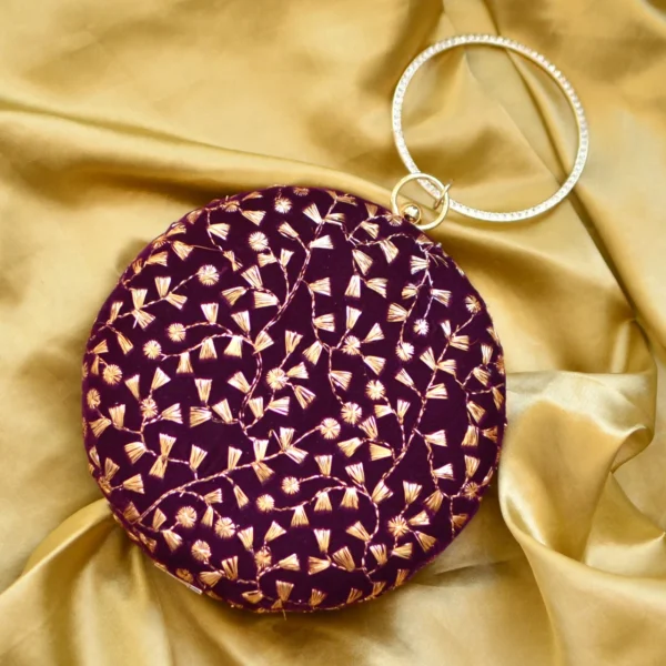 Zupppy Accessories Luxury Maroon Round Embroidered Clutch with Sling Chain & Hand Ring