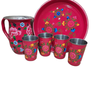 Zupppy Crockery & Utensils Hand-Painted Pink Stainless Steel Tray Combo with Jug & Glasses – Traditional Serving Set for Home Décor