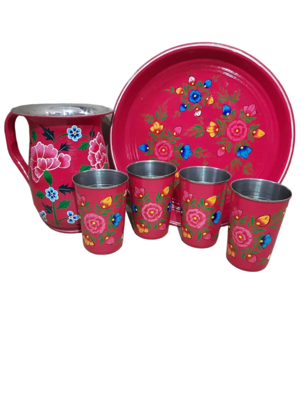 Zupppy Crockery & Utensils Hand-Painted Pink Stainless Steel Tray Combo with Jug & Glasses – Traditional Serving Set for Home Décor