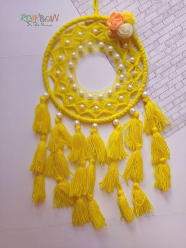 Zupppy wall hanging Yellow handmade Lemonade Dreamcatcher pom pom and tassels