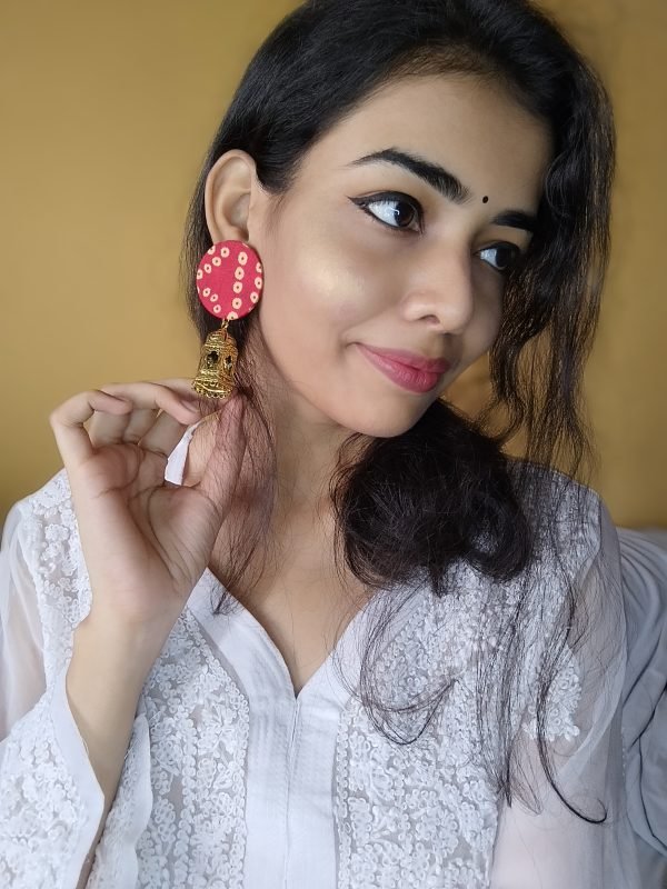 Zupppy Jewellery Rainvas Red bandhani print golden jhumka earrings