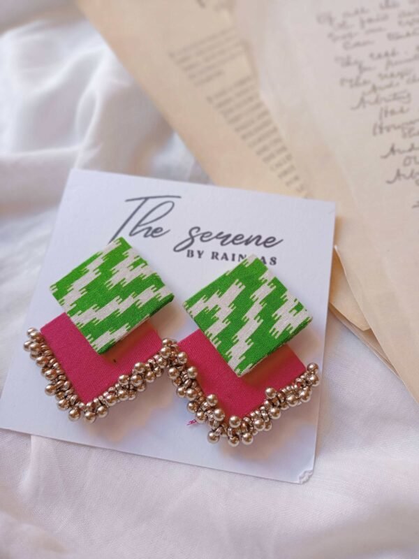 Zupppy Jewellery Rainvas Green and pink printed fabric earrings