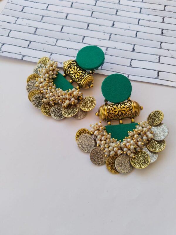 Zupppy Jewellery Rainvas Sea green silver and golden jhumka earrings