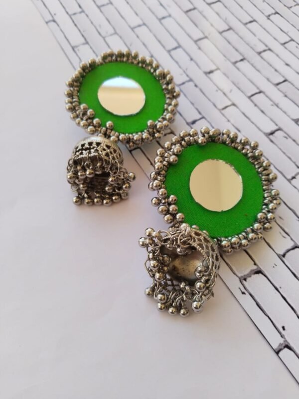 Zupppy Jewellery Rainvas Green mirror oxidized silver jhumkas