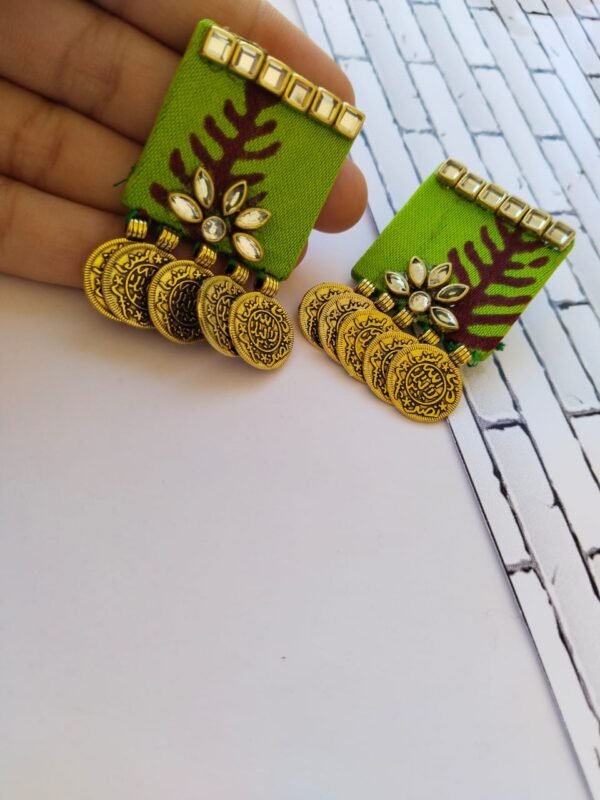 Zupppy Jewellery Rainvas Lime green fabric golden coin studs earrings