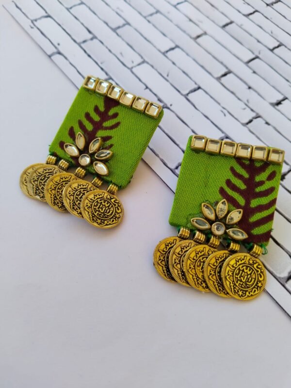 Zupppy Jewellery Rainvas Lime green fabric golden coin studs earrings