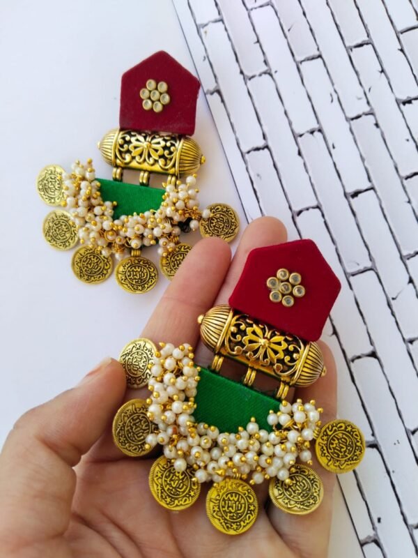 Zupppy Jewellery Rainvas Red maroon and green golden heavy coin earrings