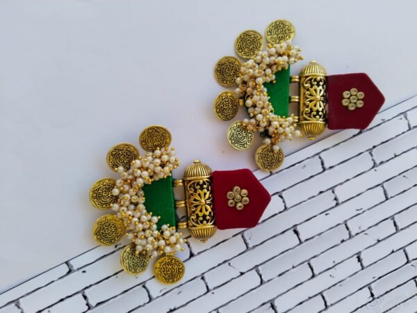 Zupppy Jewellery Rainvas Red maroon and green golden heavy coin earrings