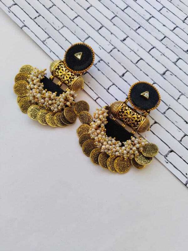 Zupppy Jewellery Rainvas Black heavy golden coins beaded jhumka