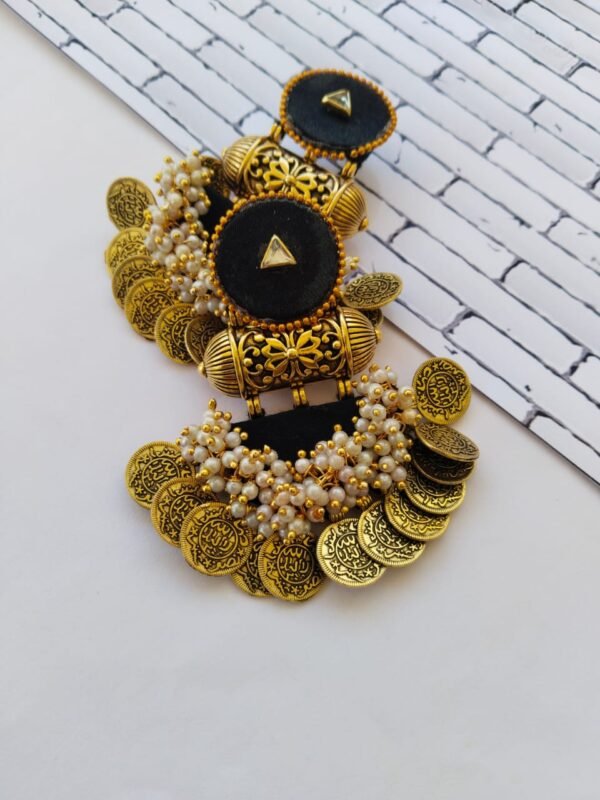 Zupppy Jewellery Rainvas Black heavy golden coins beaded jhumka