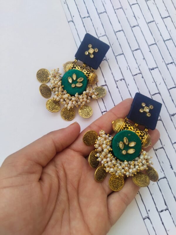 Zupppy Jewellery Rainvas Green and blue golden coins heavy kundan jhumka