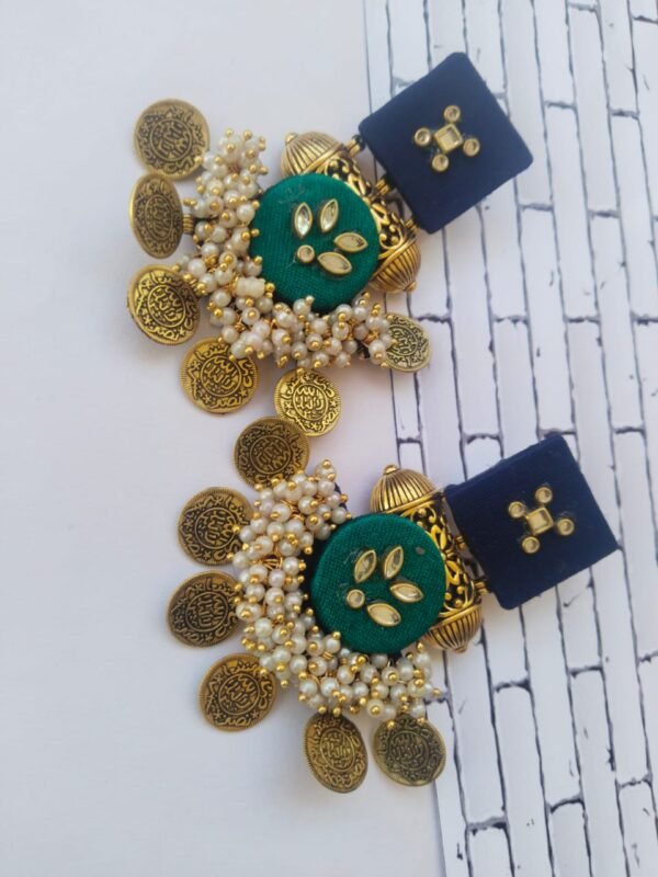 Zupppy Jewellery Rainvas Green and blue golden coins heavy kundan jhumka