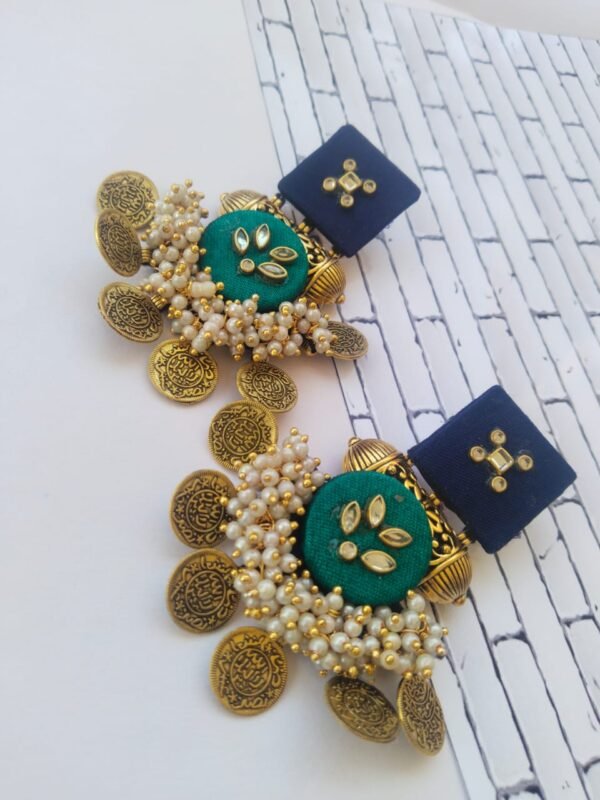 Zupppy Jewellery Rainvas Green and blue golden coins heavy kundan jhumka