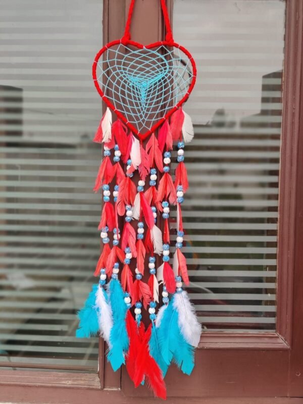 Zupppy wall hanging Red and blue Heart dreamcatcher pom pom tassels and beads for decor