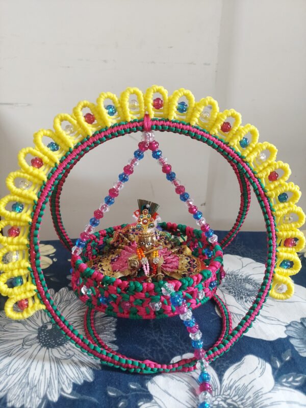 Zupppy Crochet Products Janmashtami Laddu Gopal Jhula | Wooden Kanha Jhula/Palna with Multicolor Macrame and Beads