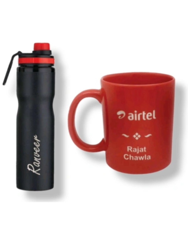 Zupppy Customized Gifts Personalized Black Steel Bottle & Red Embossed Mug Combo