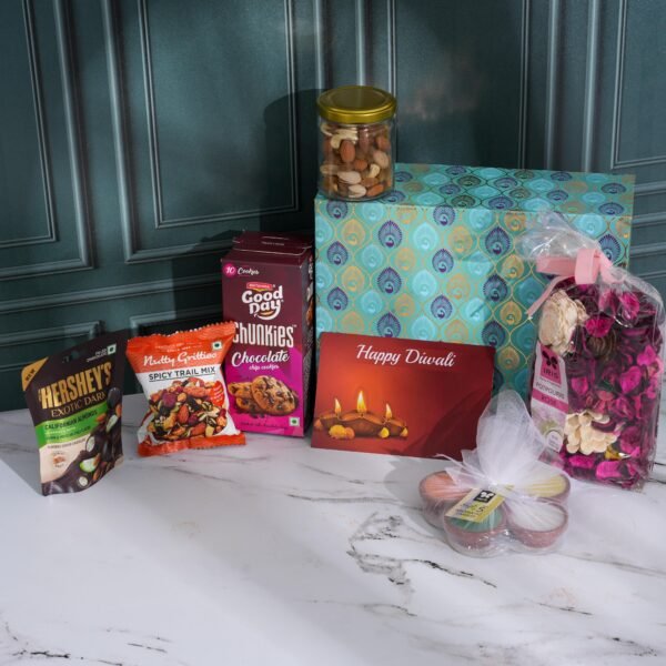 Zupppy Chocolates Diwali Hamper | Corporate Gifting Hampers | Peacock-Printed Fancy Box | Assorted Dry Fruits, Cookies, Diyas, Chocolate | Heartwarming Diwali Card