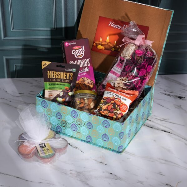 Zupppy Chocolates Diwali Hamper | Corporate Gifting Hampers | Peacock-Printed Fancy Box | Assorted Dry Fruits, Cookies, Diyas, Chocolate | Heartwarming Diwali Card