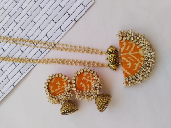 Zupppy Jewellery Rainvas Yellow orange Patola print ghantanmala beaded necklace and earrings set