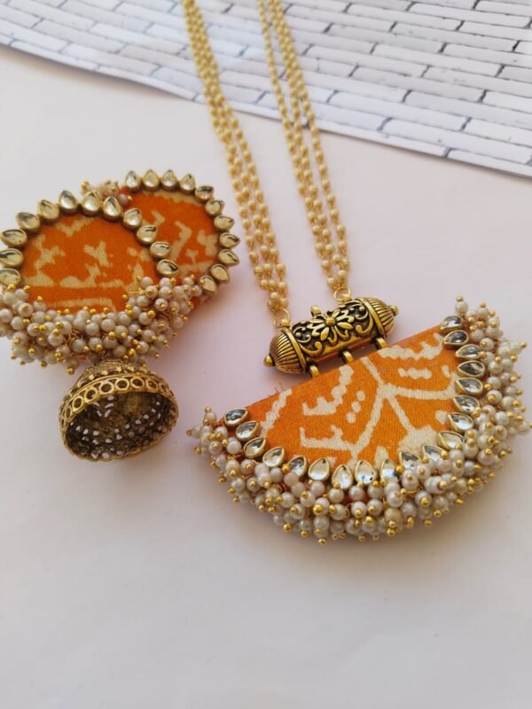 Zupppy Jewellery Rainvas Yellow orange Patola print ghantanmala beaded necklace and earrings set