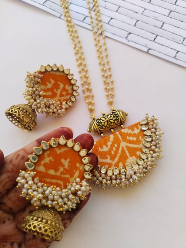 Zupppy Jewellery Rainvas Yellow orange Patola print ghantanmala beaded necklace and earrings set