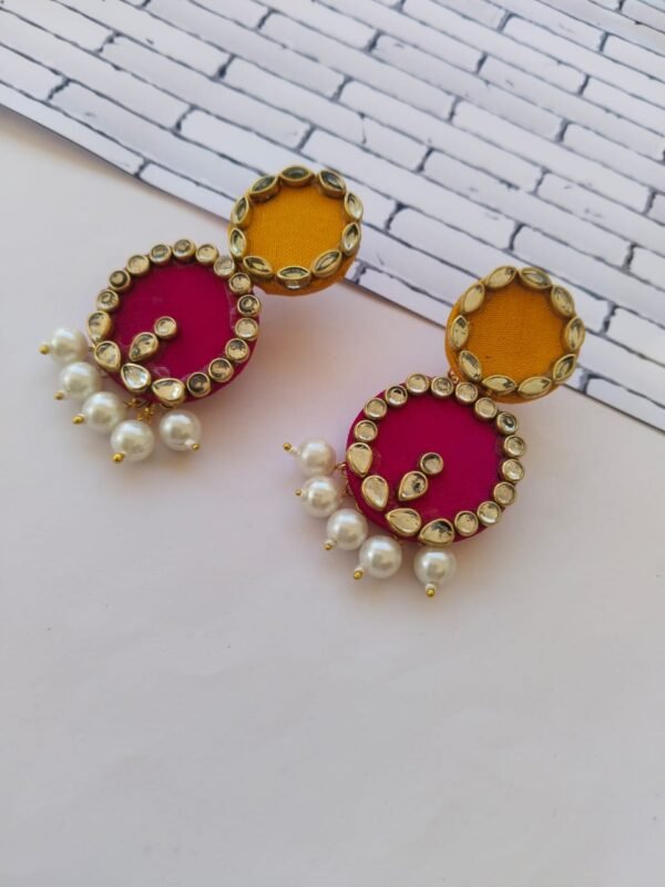 Zupppy Jewellery Rainvas Pink and yellow circular drop earrings with kundan