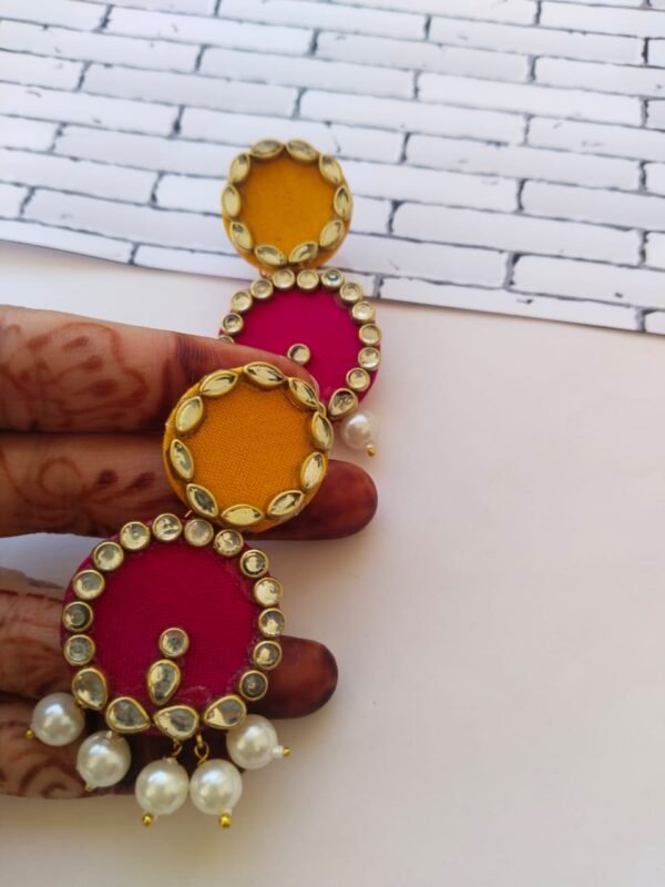 Zupppy Jewellery Rainvas Pink and yellow circular drop earrings with kundan