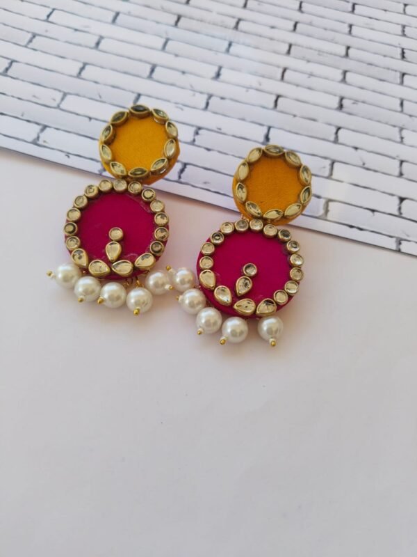 Zupppy Jewellery Rainvas Pink and yellow circular drop earrings with kundan