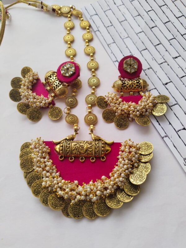 Zupppy Jewellery Rainvas Pink and golden coin traditional necklace earrings set