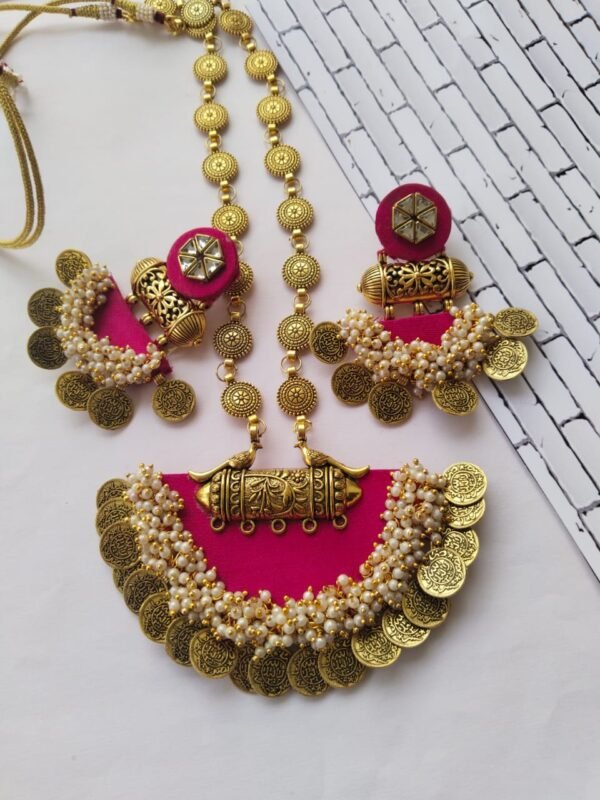 Zupppy Jewellery Rainvas Pink and golden coin traditional necklace earrings set