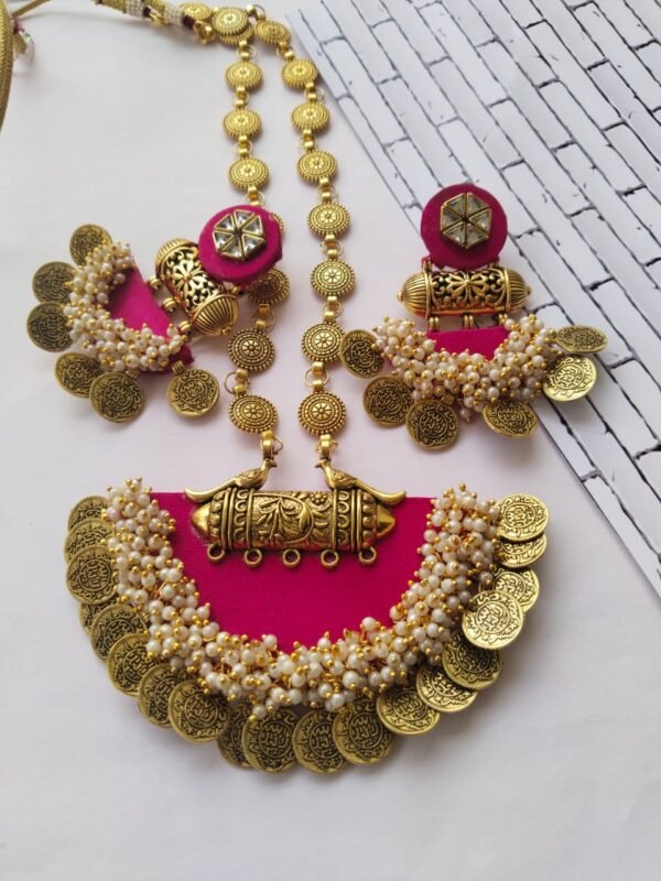 Zupppy Jewellery Rainvas Pink and golden coin traditional necklace earrings set