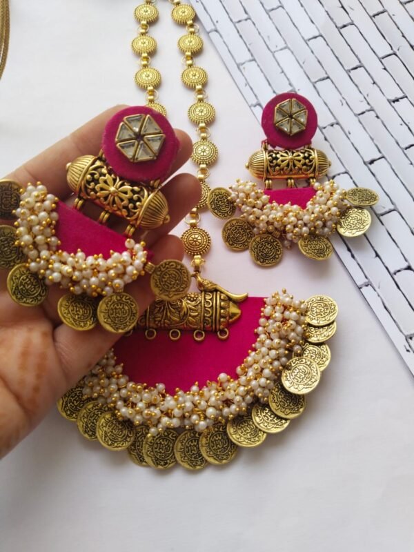 Zupppy Jewellery Rainvas Pink and golden coin traditional necklace earrings set