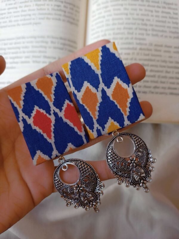 Zupppy Jewellery Rainvas Blue printed rectangular fabric earrings