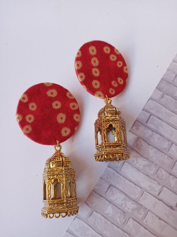 Zupppy Jewellery Rainvas Red bandhani print golden jhumka earrings