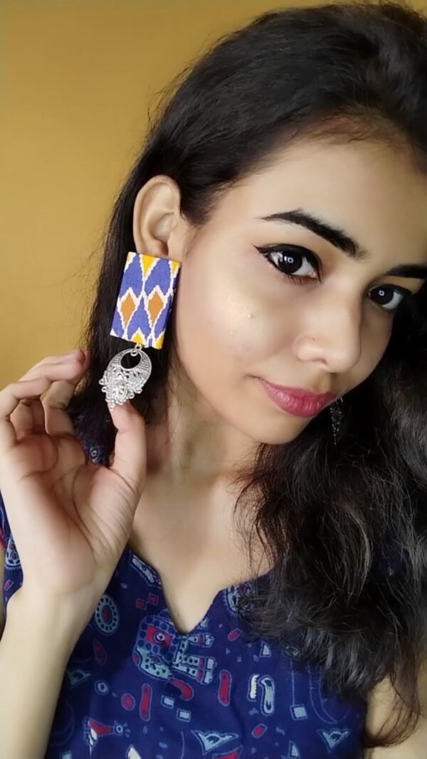 Zupppy Jewellery Rainvas Blue printed rectangular fabric earrings