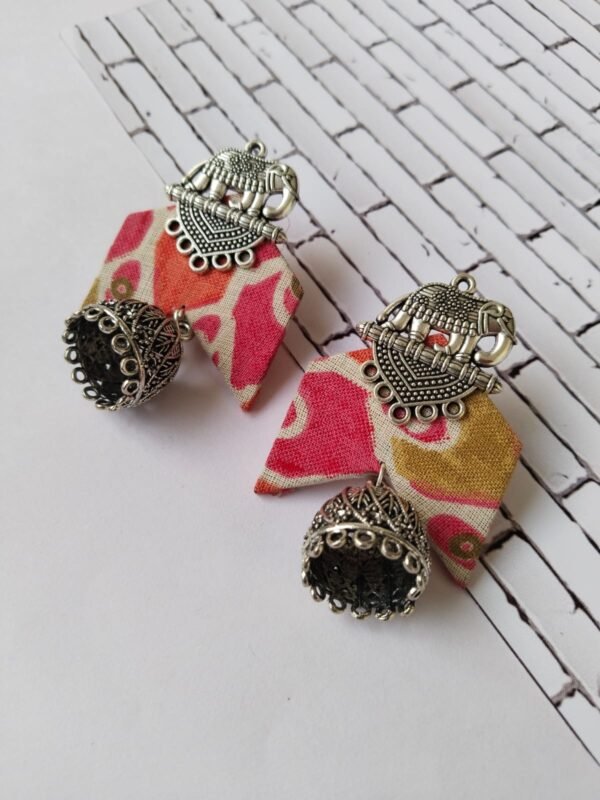 Zupppy Jewellery Rainvas Pink floral printed fabric elephant charm oxidised jhumka