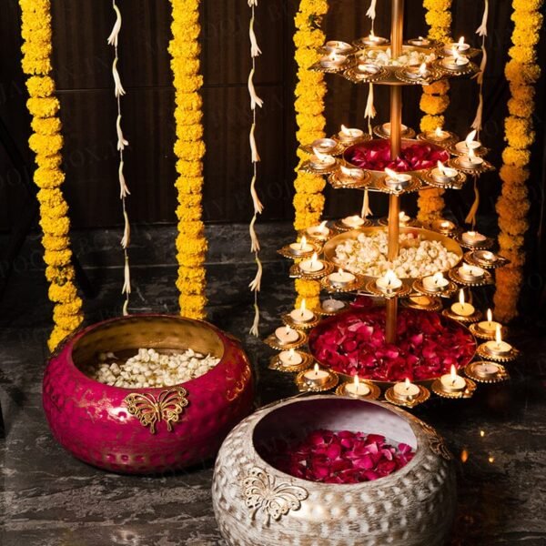 Zupppy Home Decor Diya Urli Stand “Radiant Heights: Four-Layer Diya Urli Stand, Elevate Your Space with Intricate Design and Luminescent Beauty for Festive Grandeur.”