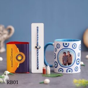 Zupppy Customized Gifts Personalized Mug & Evil Eye Rakhi with KitKat and Roli Chawal